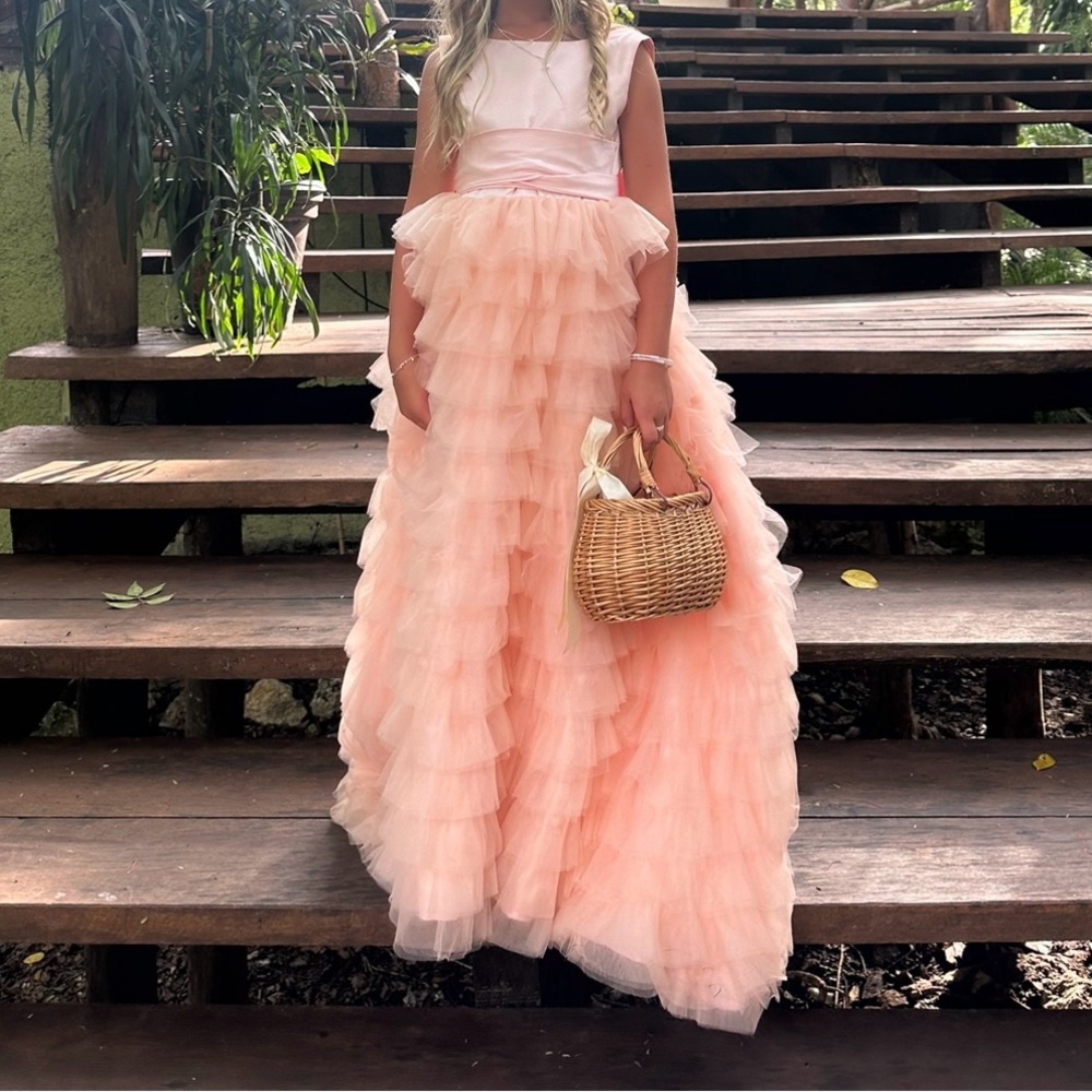 Pink flower girl ruffle dress with train